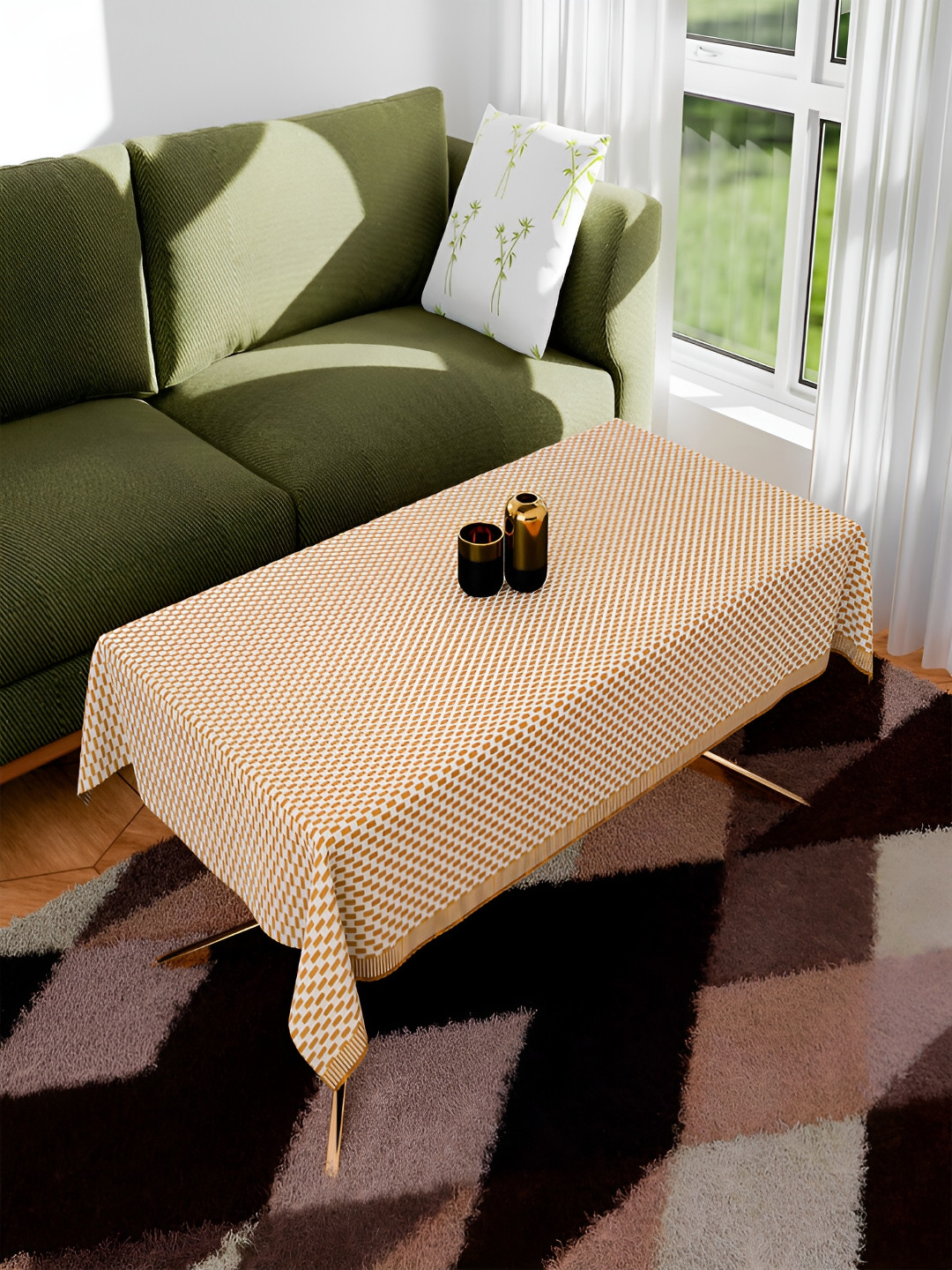 Kuber Industries Gold-Toned & White Anti-Skid 4-Seater Table Cover With Textured details