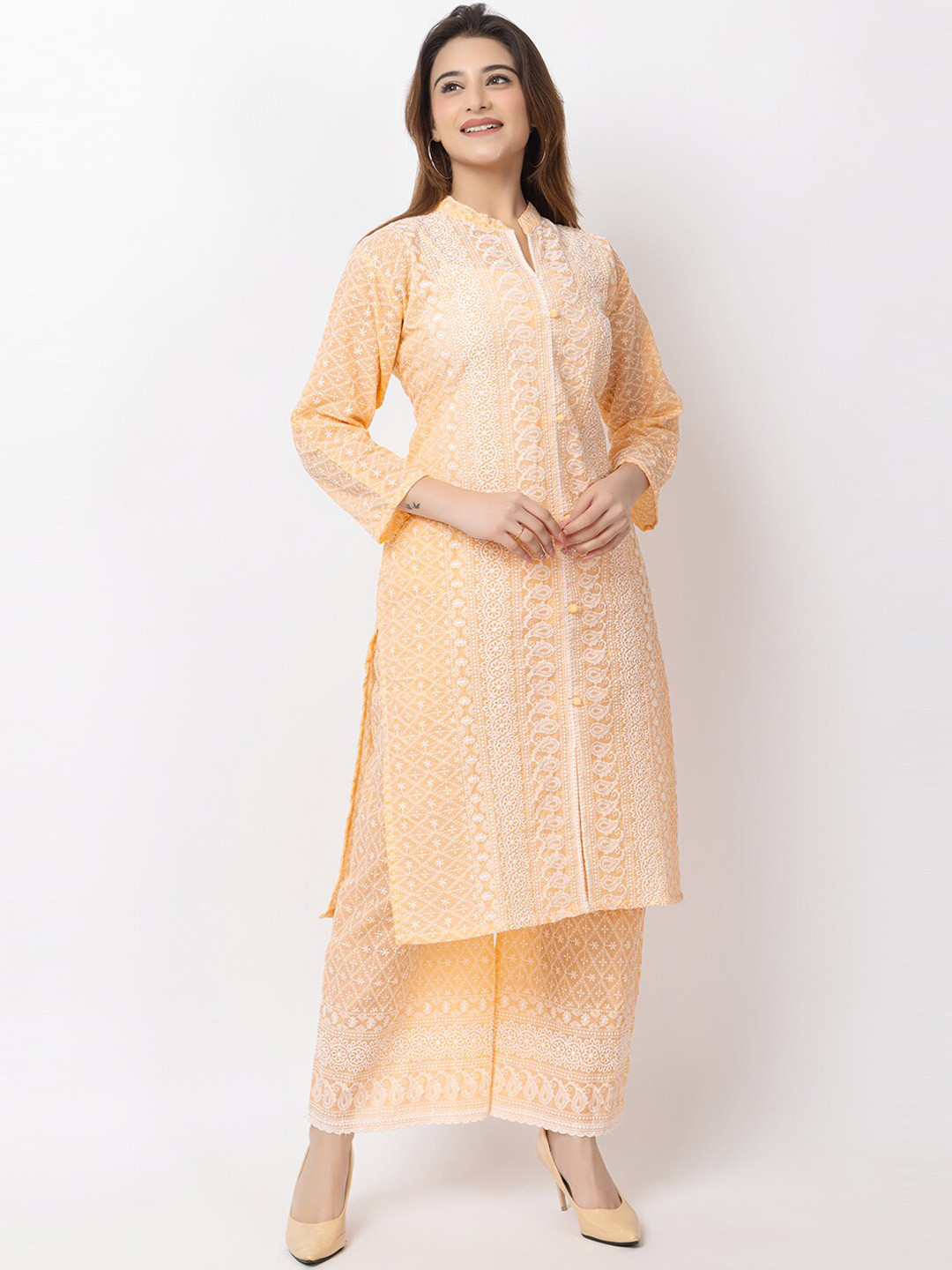 TYSORT Floral Embroidered Mandarin Collar Lucknowi Chikankari Kurta with Palazzos