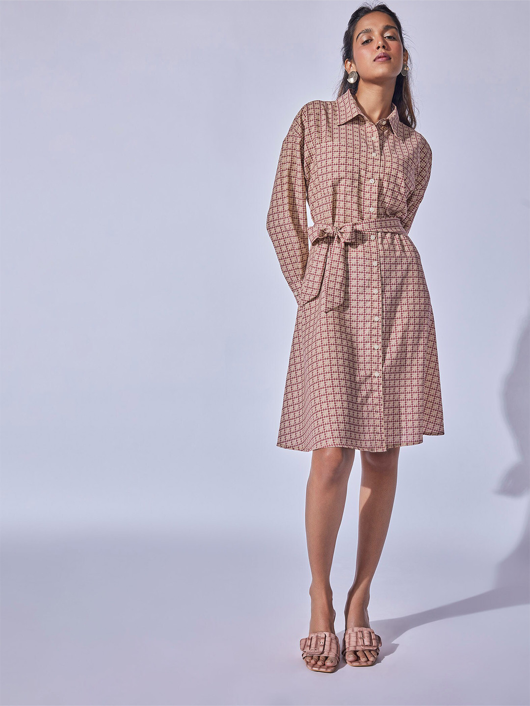 The Label Life Houndstooth Printed Shirt Collar Cuffed Sleeves Belted Shirt Dress