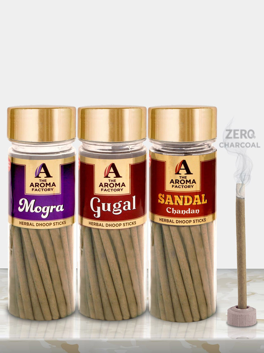 The Aroma Factory Brown 3Pcs Wooden Incense Sticks Mogra Gugal Chandan Dhoop Batti
