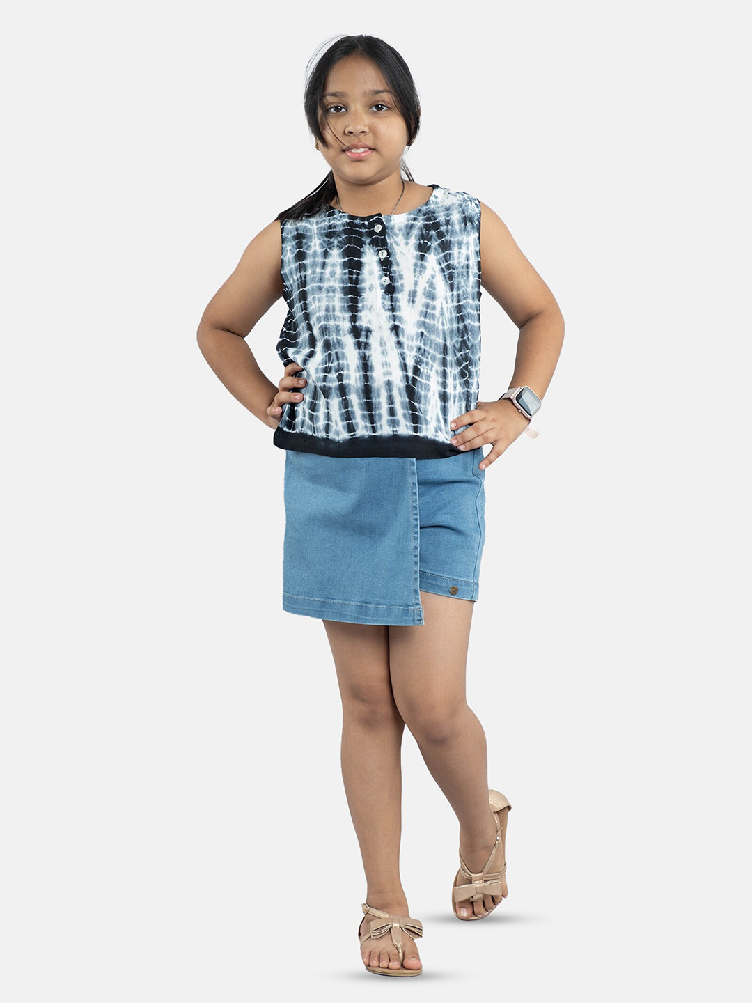 KiddoPanti Girls Dyed Top with Denim Skorts