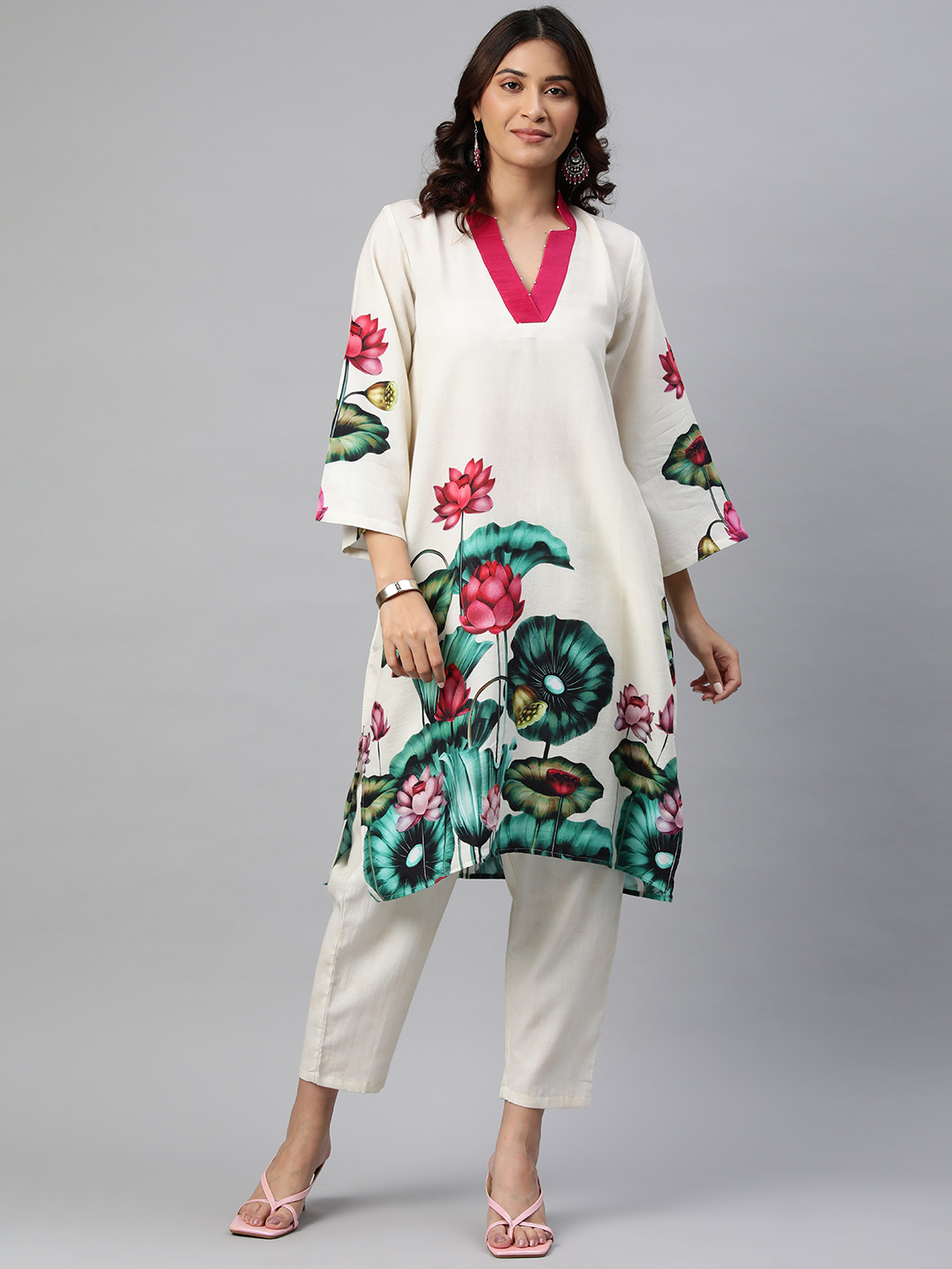 BUTA BUTI Floral Printed Beads & Stones Flared Sleeves Pure Cotton Kurta with Trousers