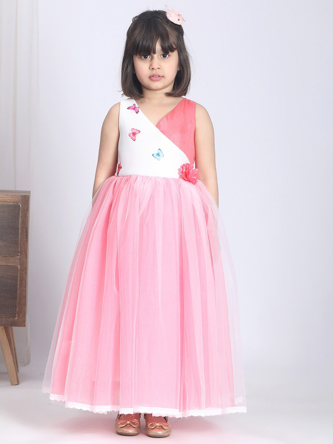 Toy Balloon kids Girls Conversational Printed V-Neck Applique Net Tulle Gown