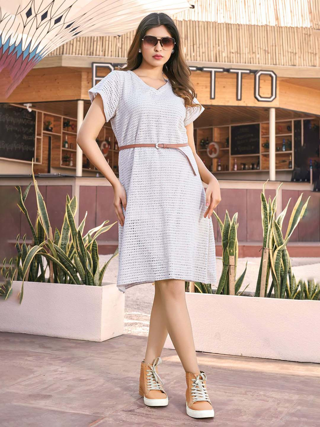 Curvy Lane Plus Size Self Design Crepe A-Line Dress With Belt