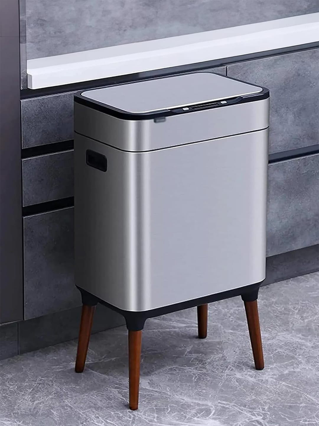 Kuber Industries Silver Toned & Black Stainless Steel Sensor Dustbin Dustbins