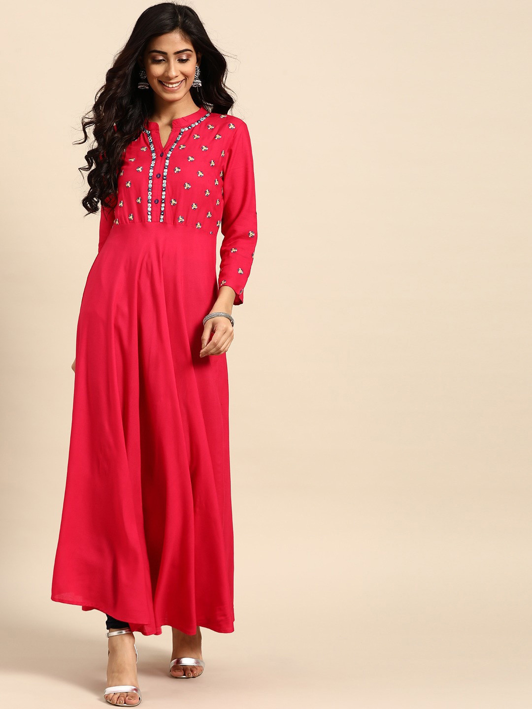 all about you Red Floral Yoke Designed Mandarin Collar Cotton Anarkali Kurta