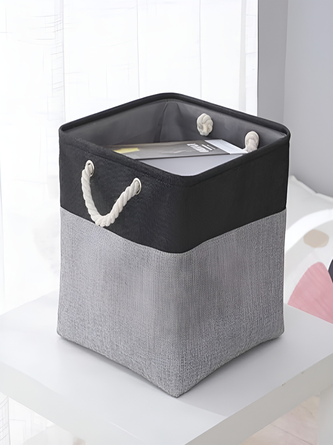 Kuber Industries Grey & Black Square Storage Basket With Handle