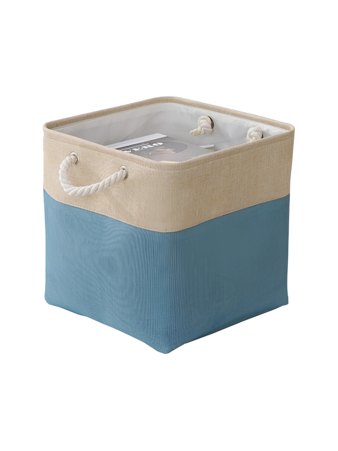 Kuber Industries Blue & Beige Sqaure Storage Basket With Handle