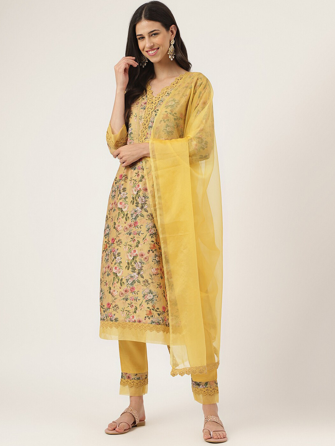 Divena Floral Printed Lace Straight Kurta With Trouser & Dupatta
