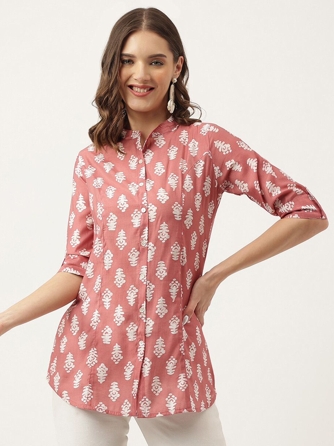 Divena Ethnic Motif Printed Mandarin Collar Roll-Up Sleeves Cotton Shirt Style Top