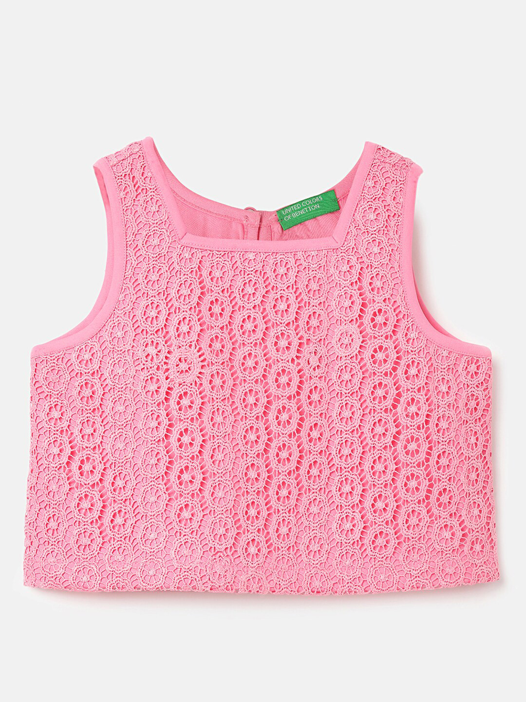 United Colors of Benetton Girls Self Design Square Neck Embroidered Top