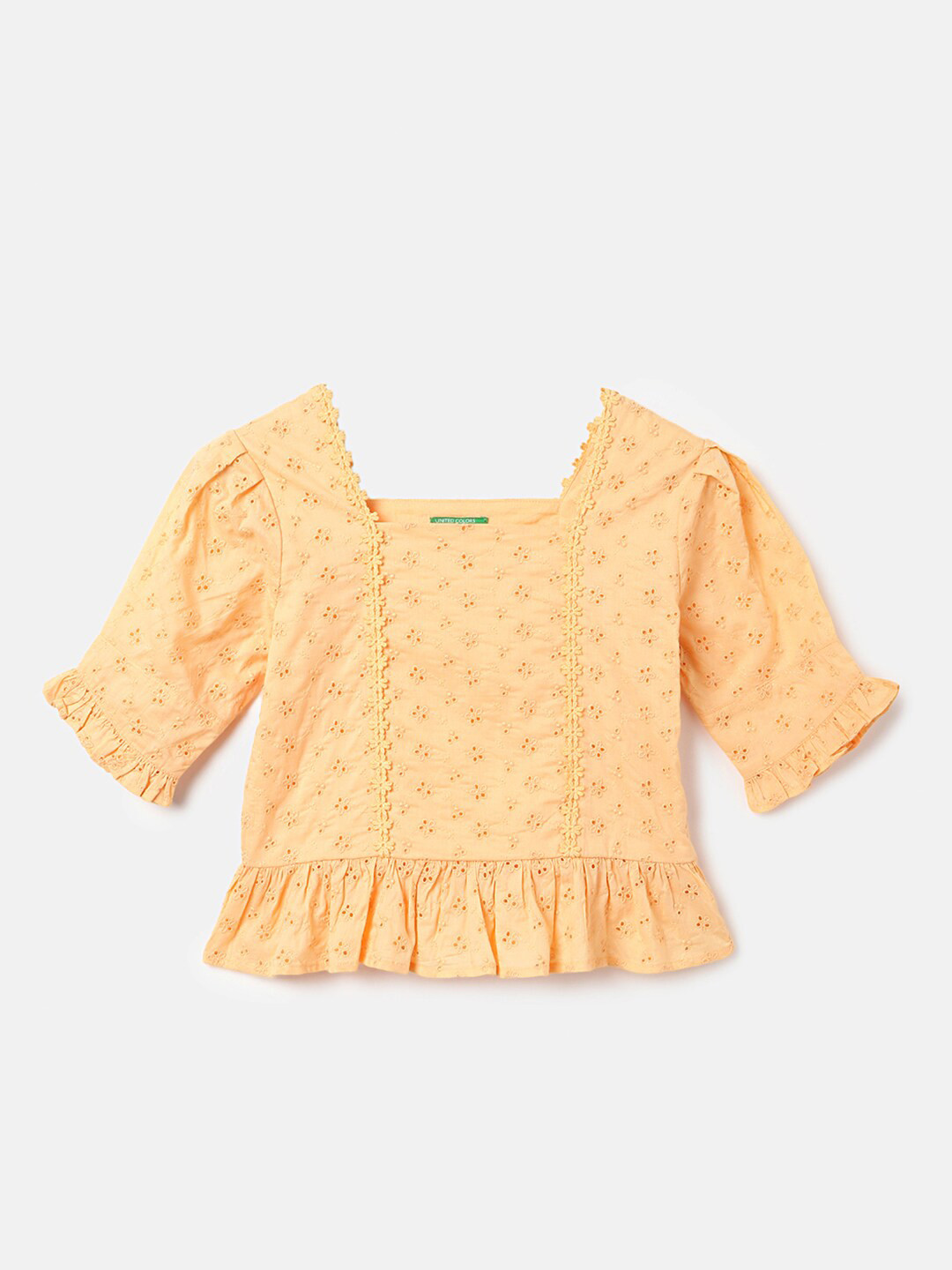 United Colors of Benetton Girls Self Design Square Neck Embroidered Pure Cotton Top