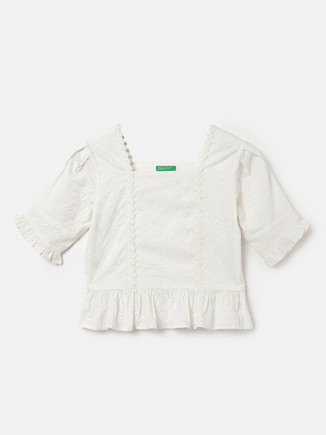 United Colors of Benetton Girls Self Design Square Neck Embroidered Pure Cotton Top