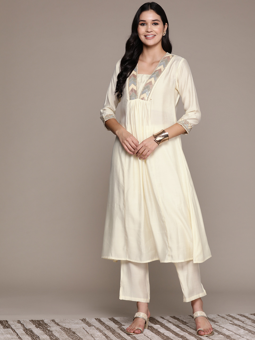 Readiprint Women Yoke Design Pleated Sequinned Pure Silk Kurta with Palazzos