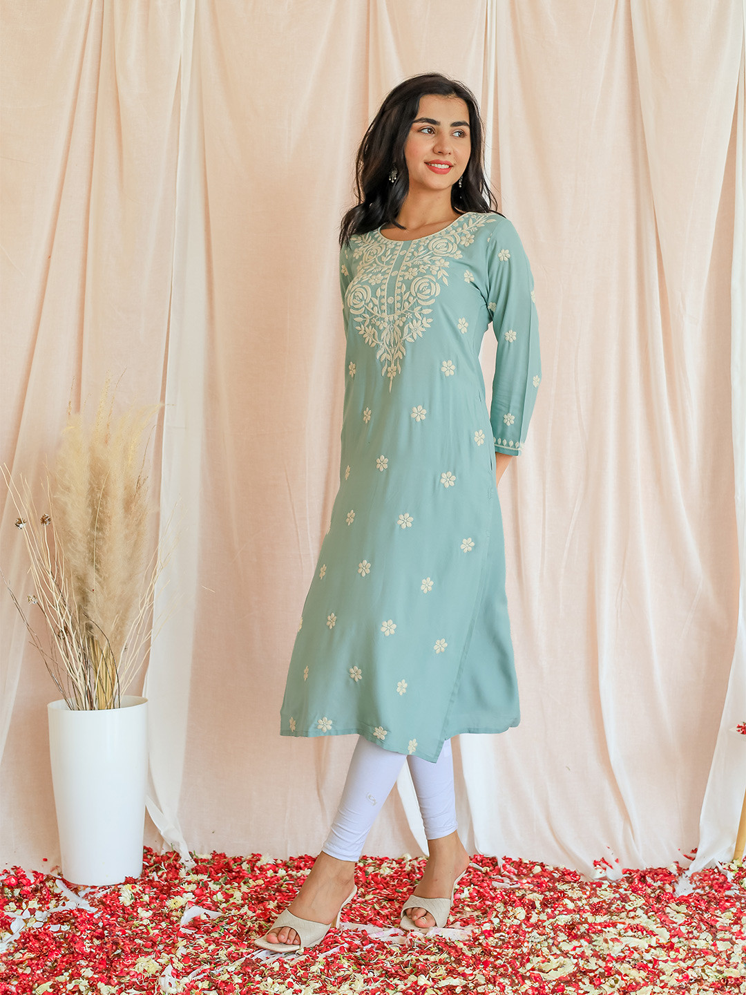 Libas Floral Embroidered Straight Pastel Kurta