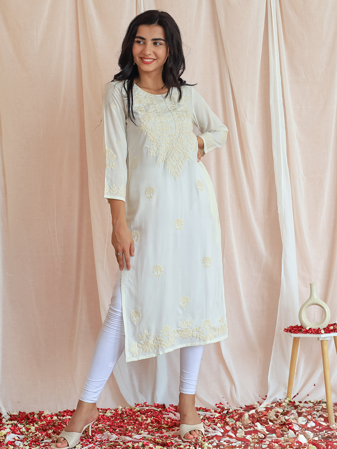 Libas Floral Embroidered Straight White Romance Kurta