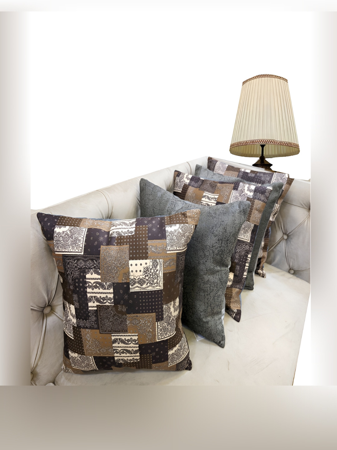 Good Vibes Brown & White 5 Pcs Printed Velvet Square Cushion Covers