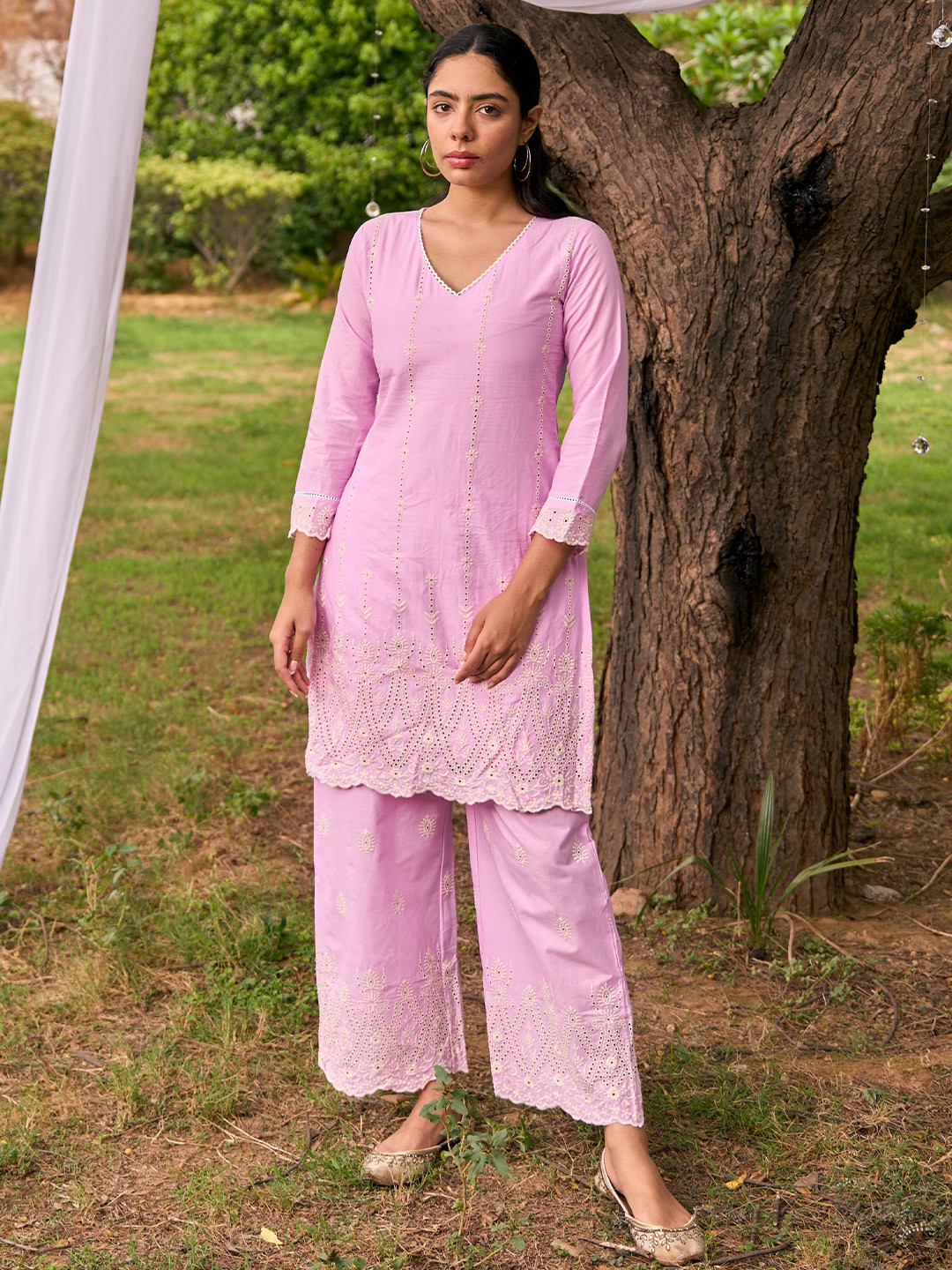 Libas Self-Deisgn V-Neck Flared Sleeves Pure Cotton Kurta Set