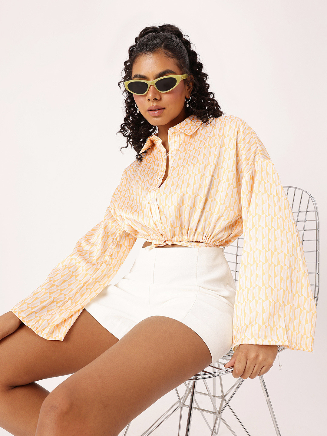 DressBerry Printed Satin Flared Long Sleeves Crop Top