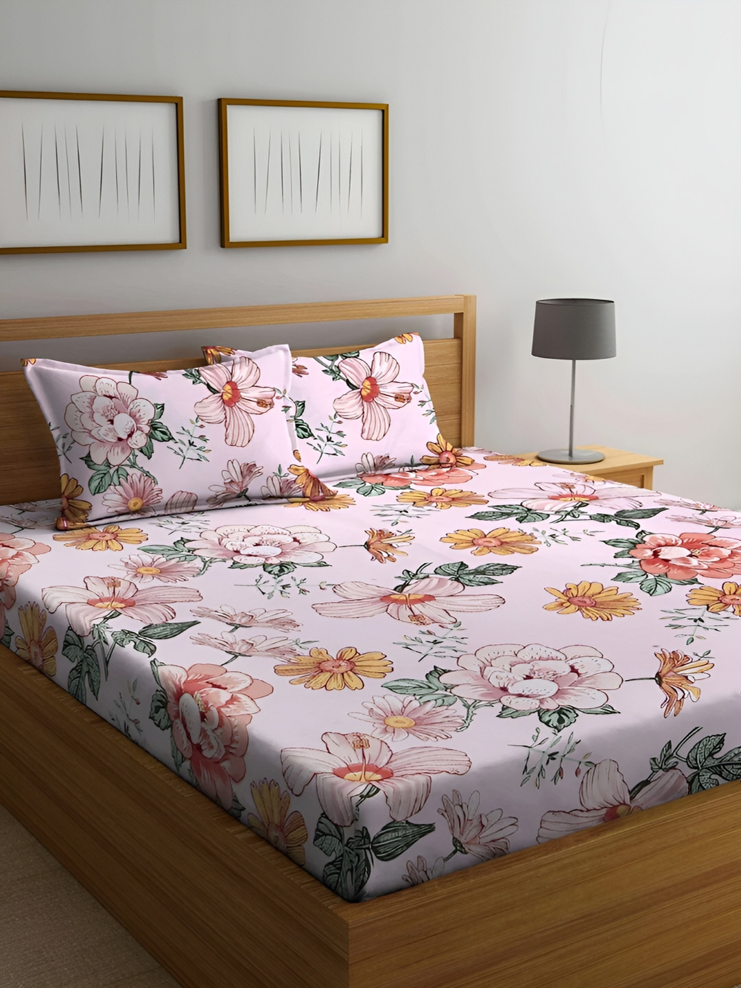 Srijee Decors Lotus Peach Floral Polycotton 210 TC Fitted King Fine Bedsheet with 2 Pillow Covers-78 x 72 inches