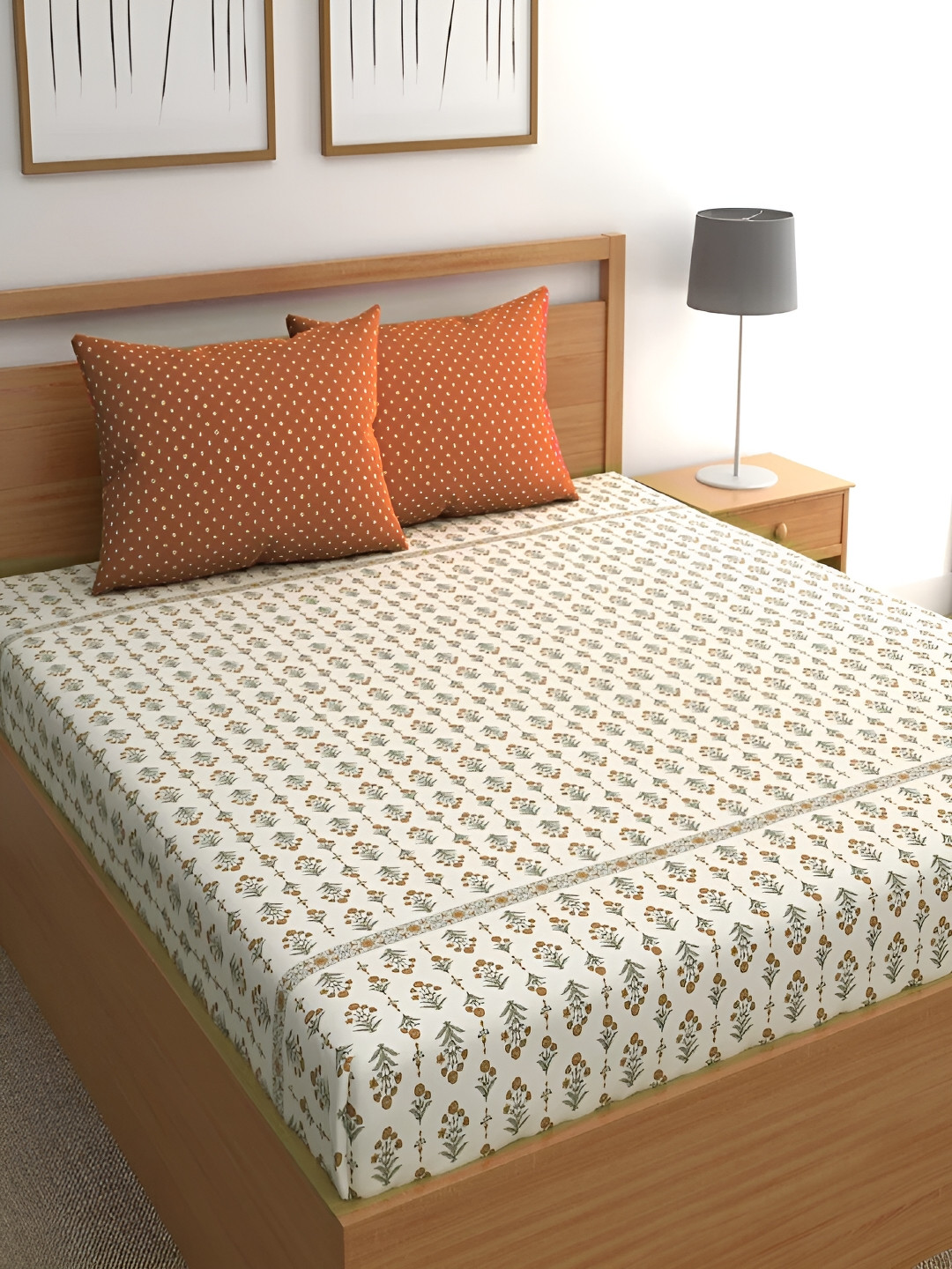 Srijee Decors Bail Orange Floral Cotton 210 TC Fitted King Fine Bedsheet with 2 Pillow Covers-78 x 72 inches