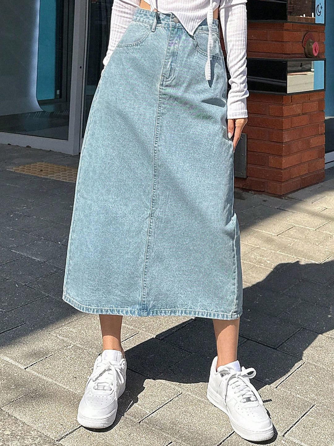 KOTTY Basics Straight Denim Midi Skirt
