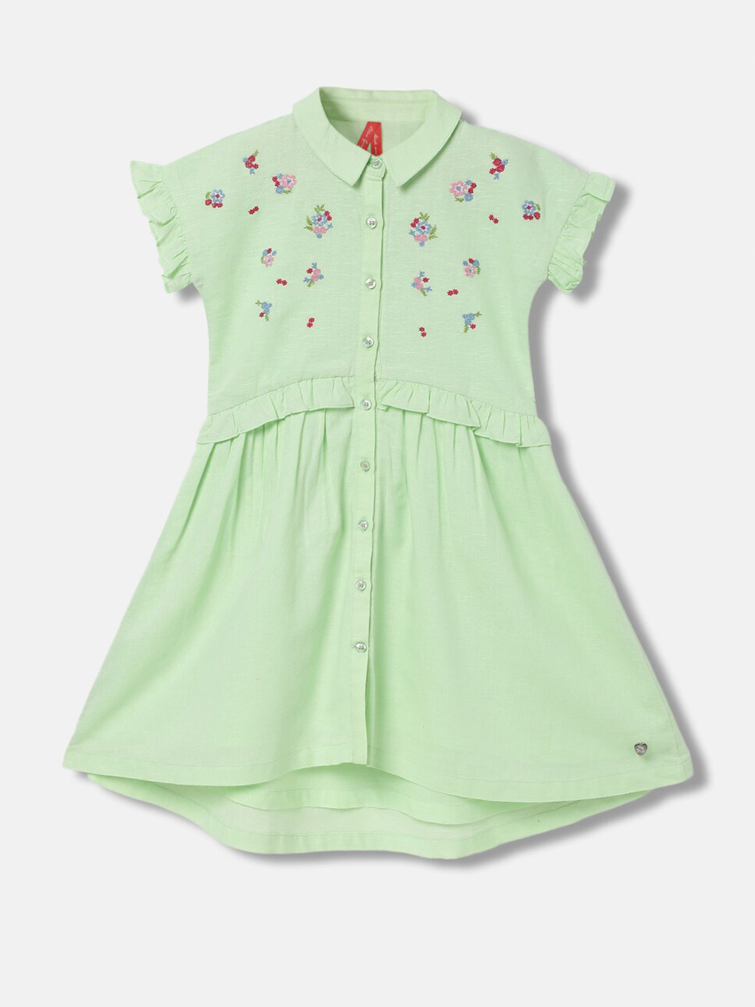 Blue Giraffe Floral Embroidered Shirt Collar Peplum Dress