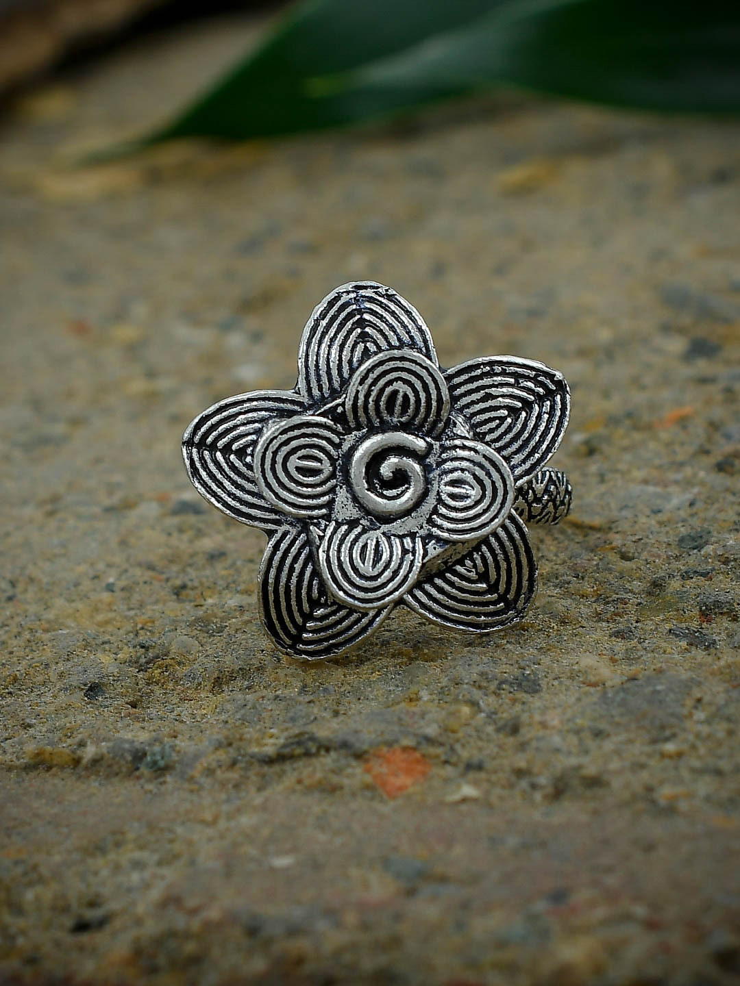 Silvermerc Designs Silver-Plated Flower Design Oxidised Adjustable Finger Ring
