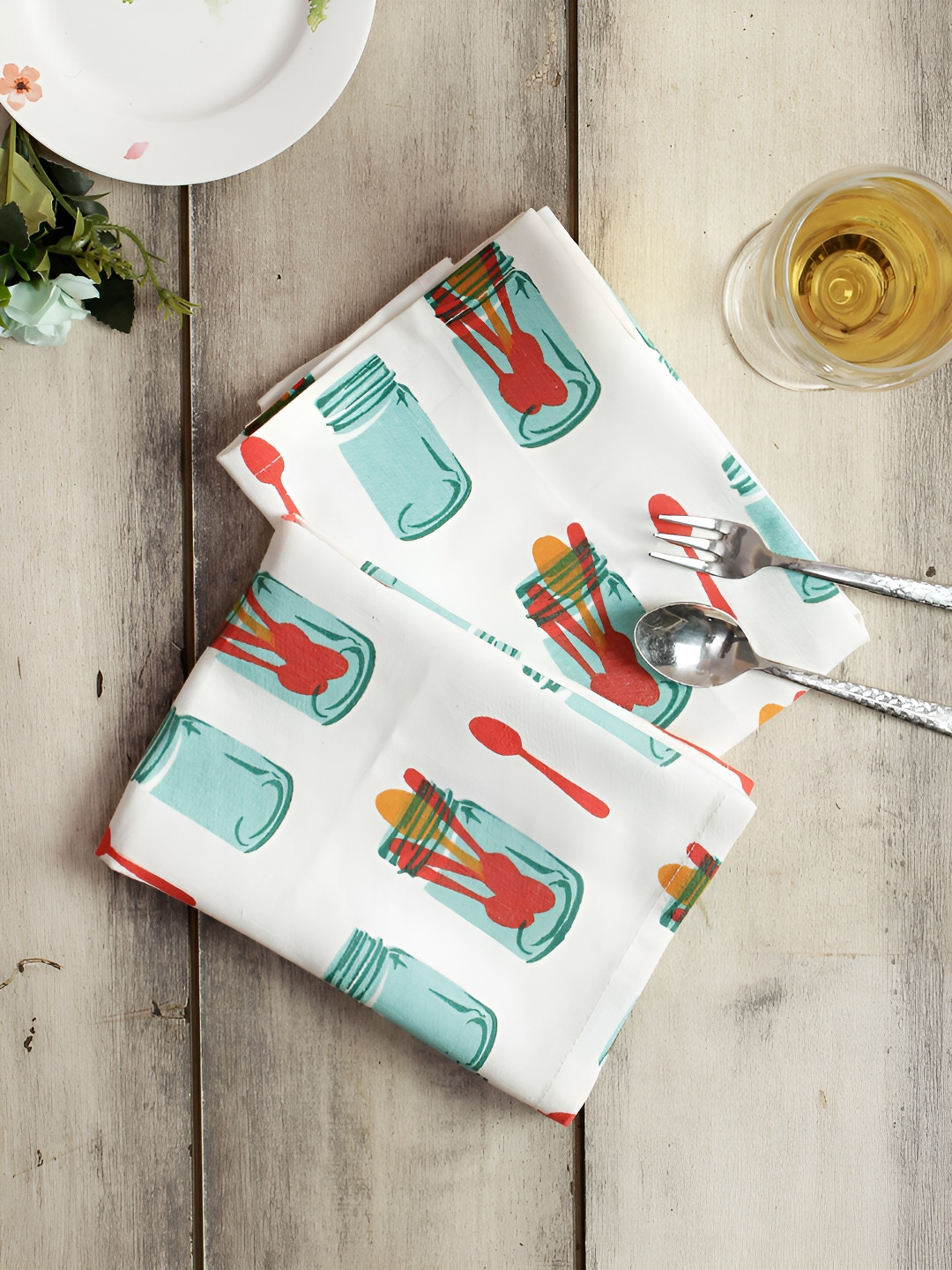 THE CONVERSION 6 Pcs Green Cotton Printed Table Napkins