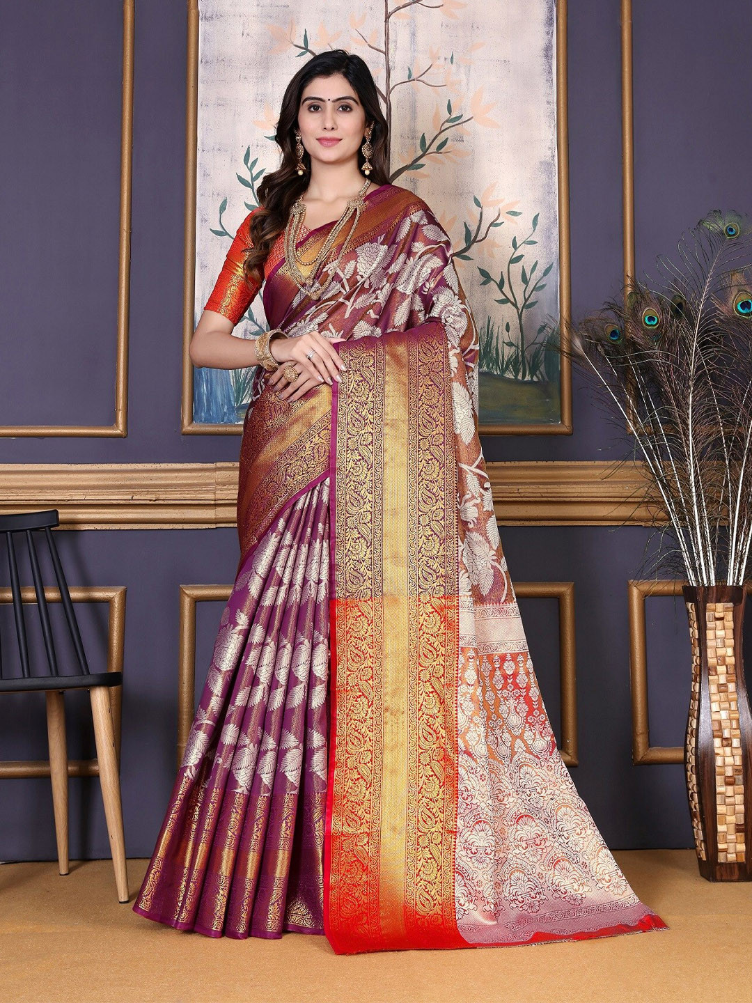 jayant creation Ethnic Motifs Woven Design Zari Detailed Kanjeevaram Saree