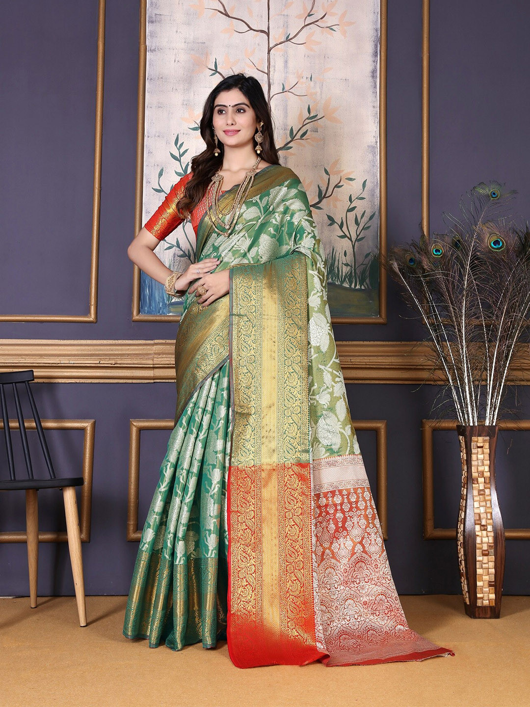 jayant creation Ethnic Motifs Woven Design Zari Kanjeevaram Saree