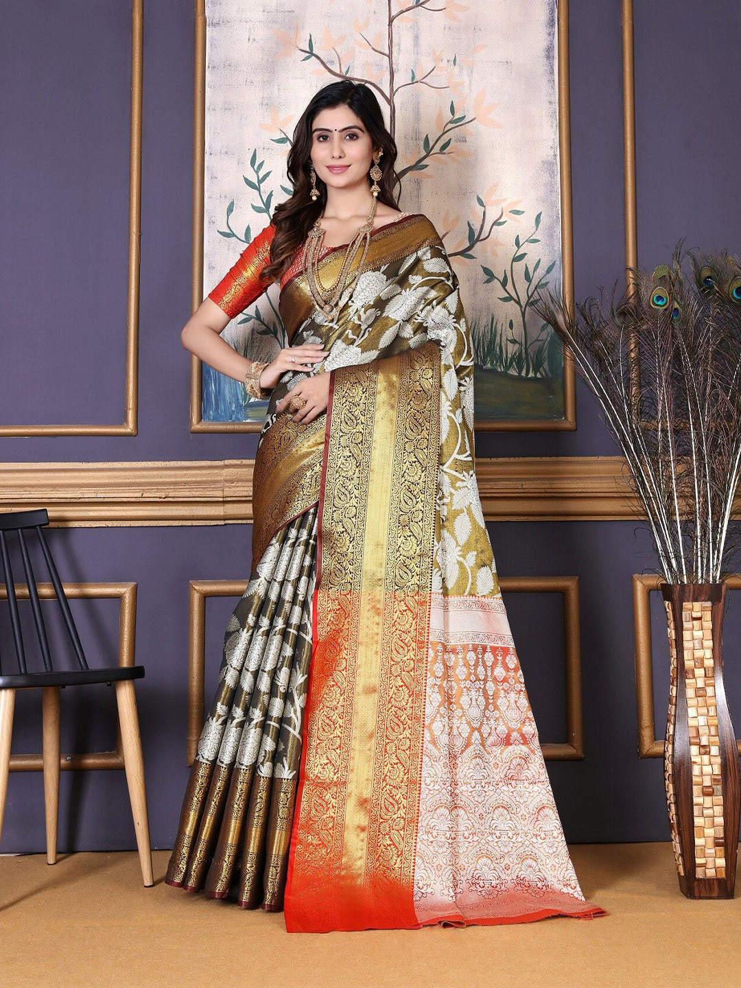 jayant creation Ethnic Motifs Woven Design Zari Kanjeevaram Saree