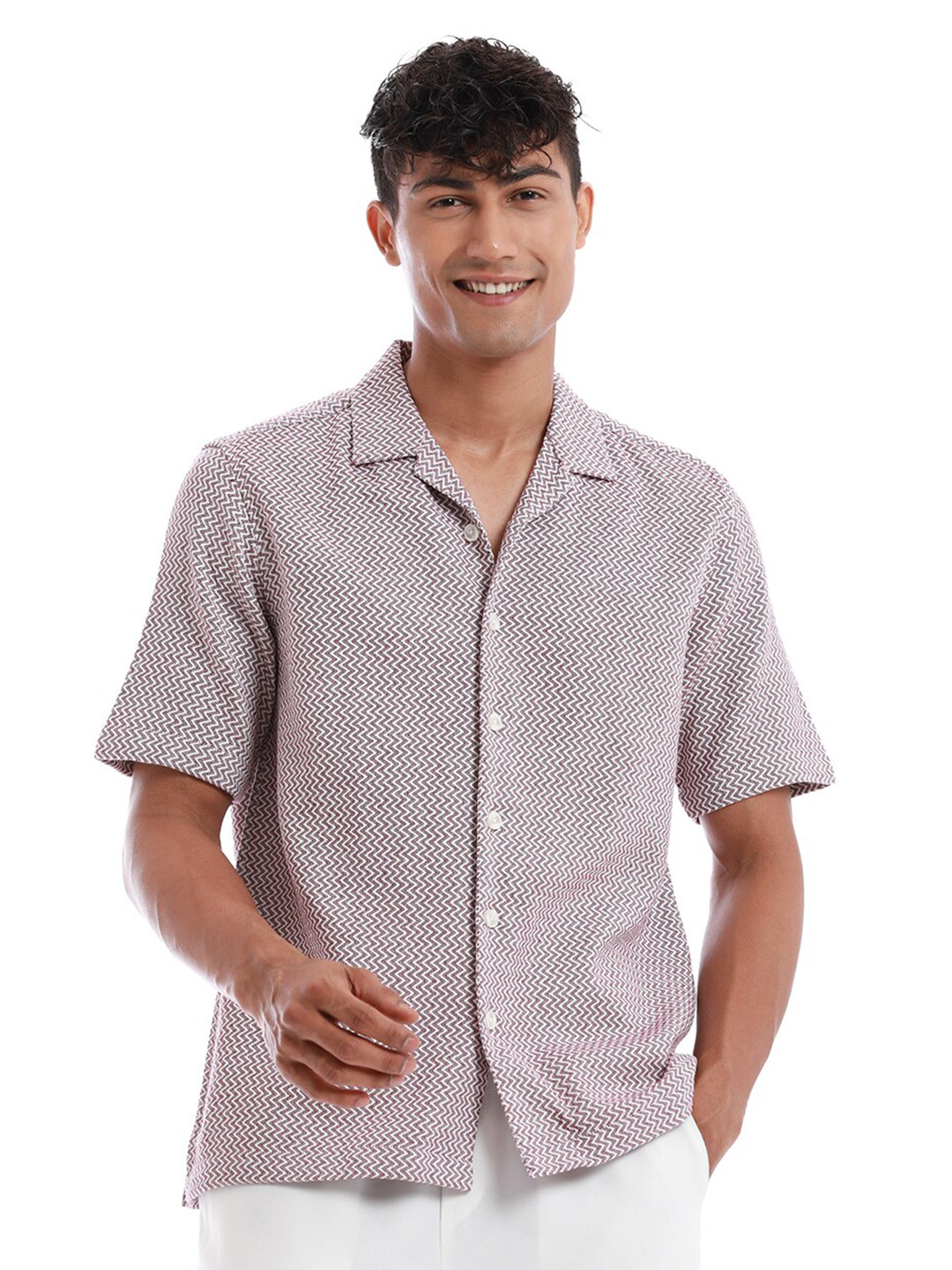 Banana Club Textured Cuban Collar Short Sleeves Cotton Casual Shirt