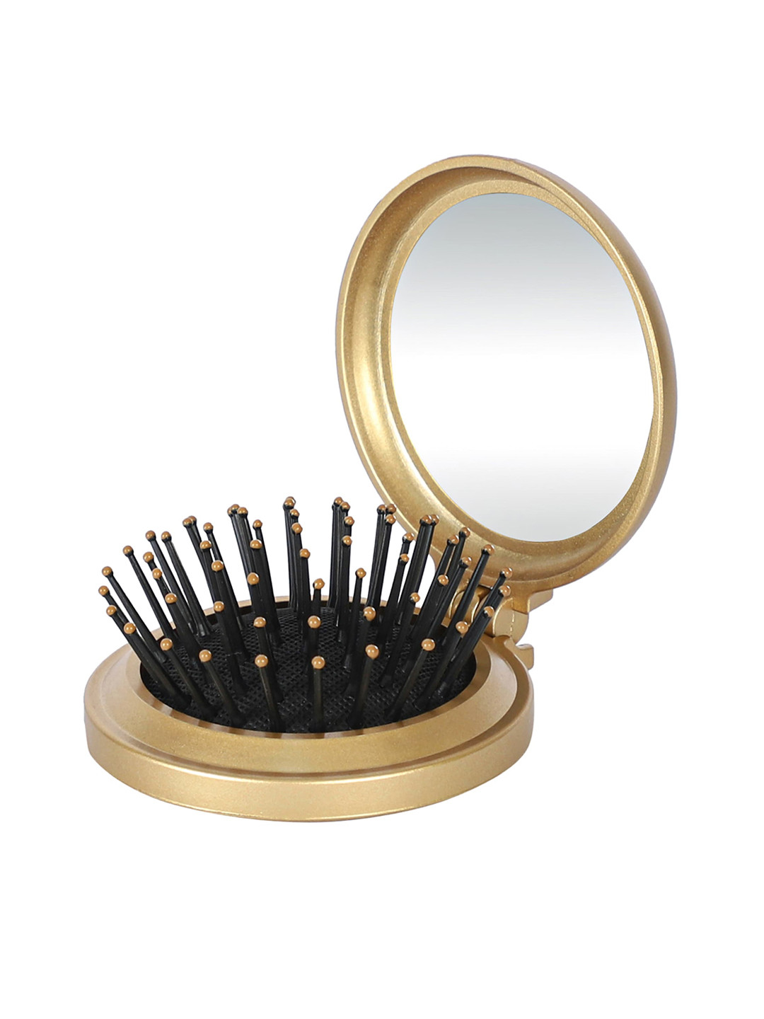 KLOY Compact Pop-up Hair Brush with Foldable Mirror - Gold-Toned