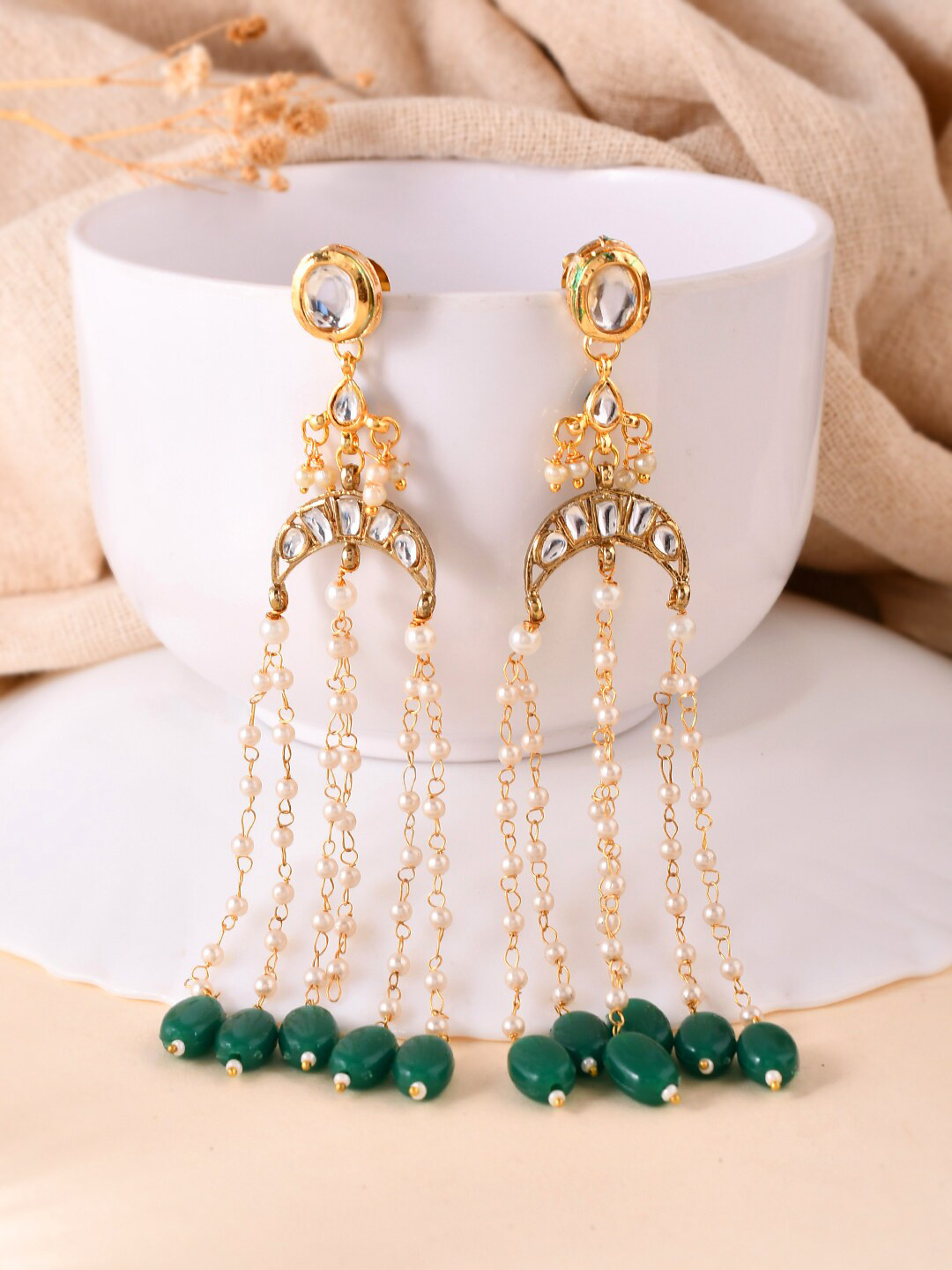Silvermerc Designs Gold-Plated Beaded & Stone Studded Classic Chandelier Drop Earrings