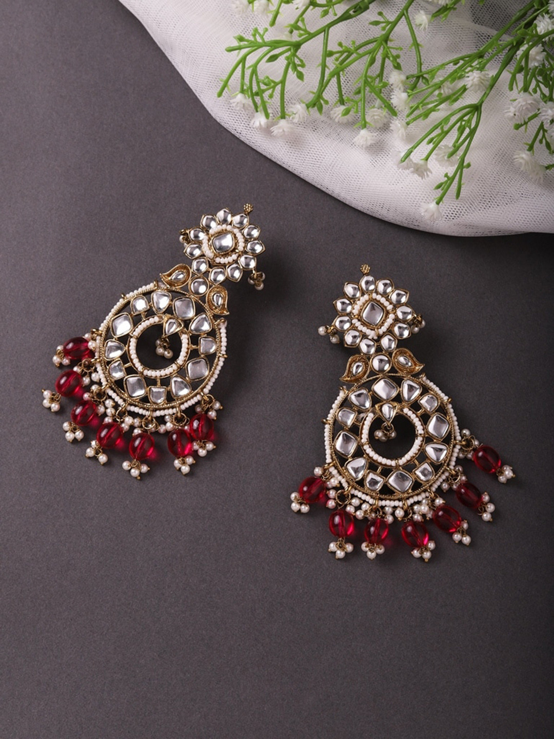 Cierra Gold-Plated Beades & Stone Studded Classic Drop Earrings