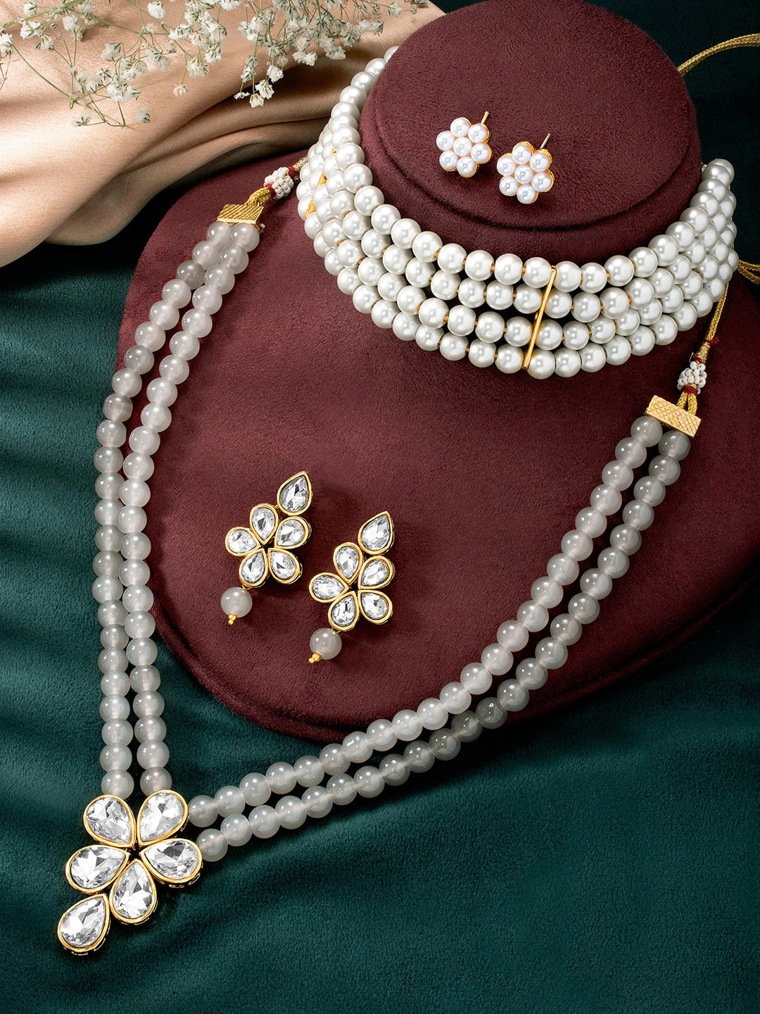 Peora Set Of 2 Gold-Plated Crystal-Studded & Beads Beaded Necklace With Earrings