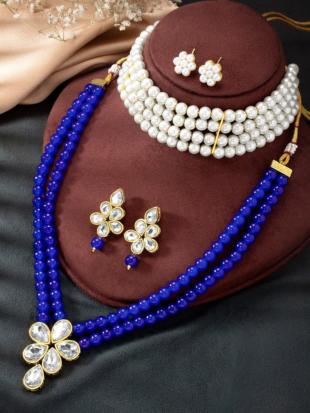 Peora Set Of 2 Gold-Plated Crystal-Studded & Beads Beaded Necklace With Earrings