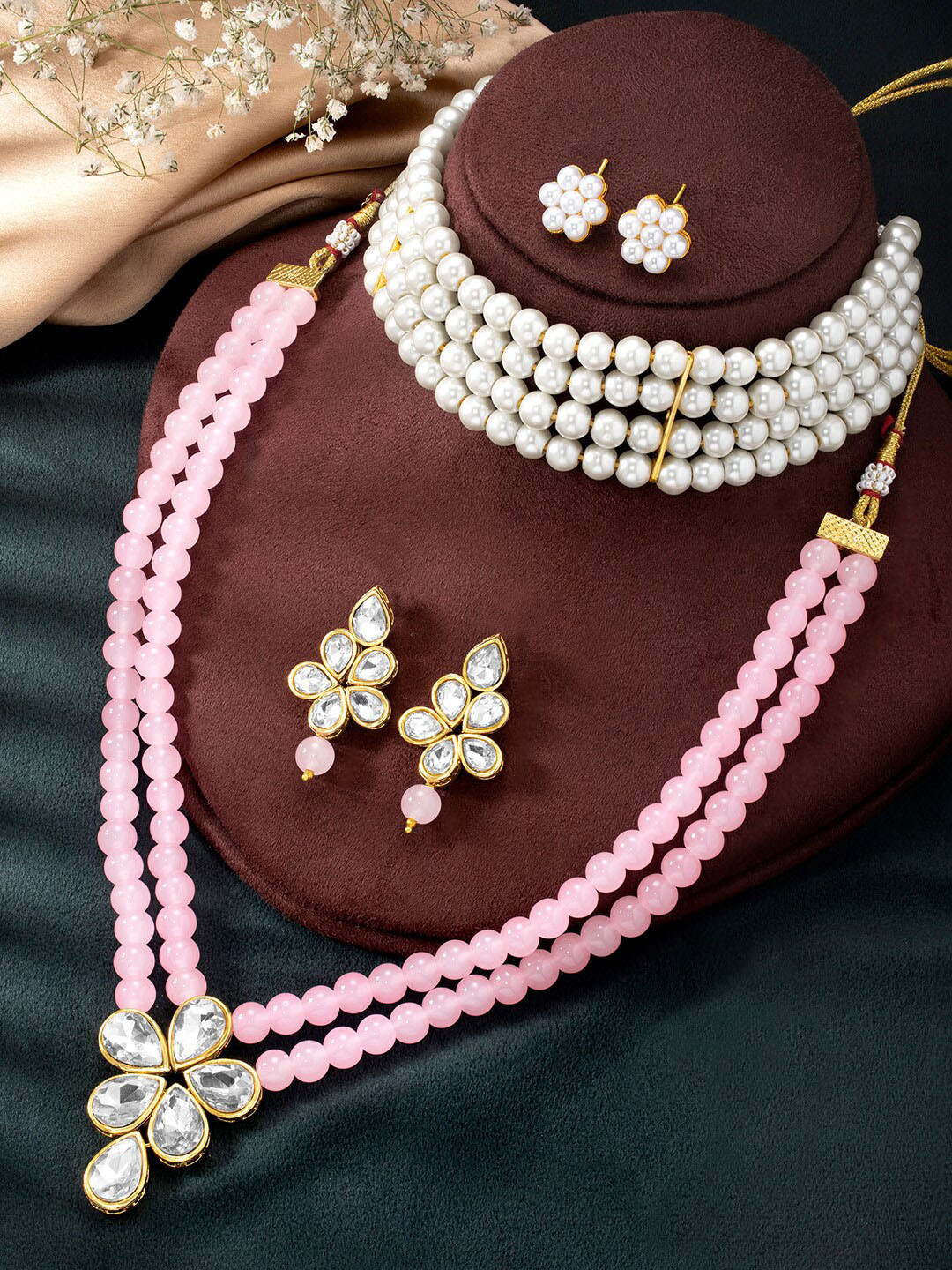 Peora Set Of 2 Gold-Plated Crystal-Studded & Beads Beaded Necklace With Earrings