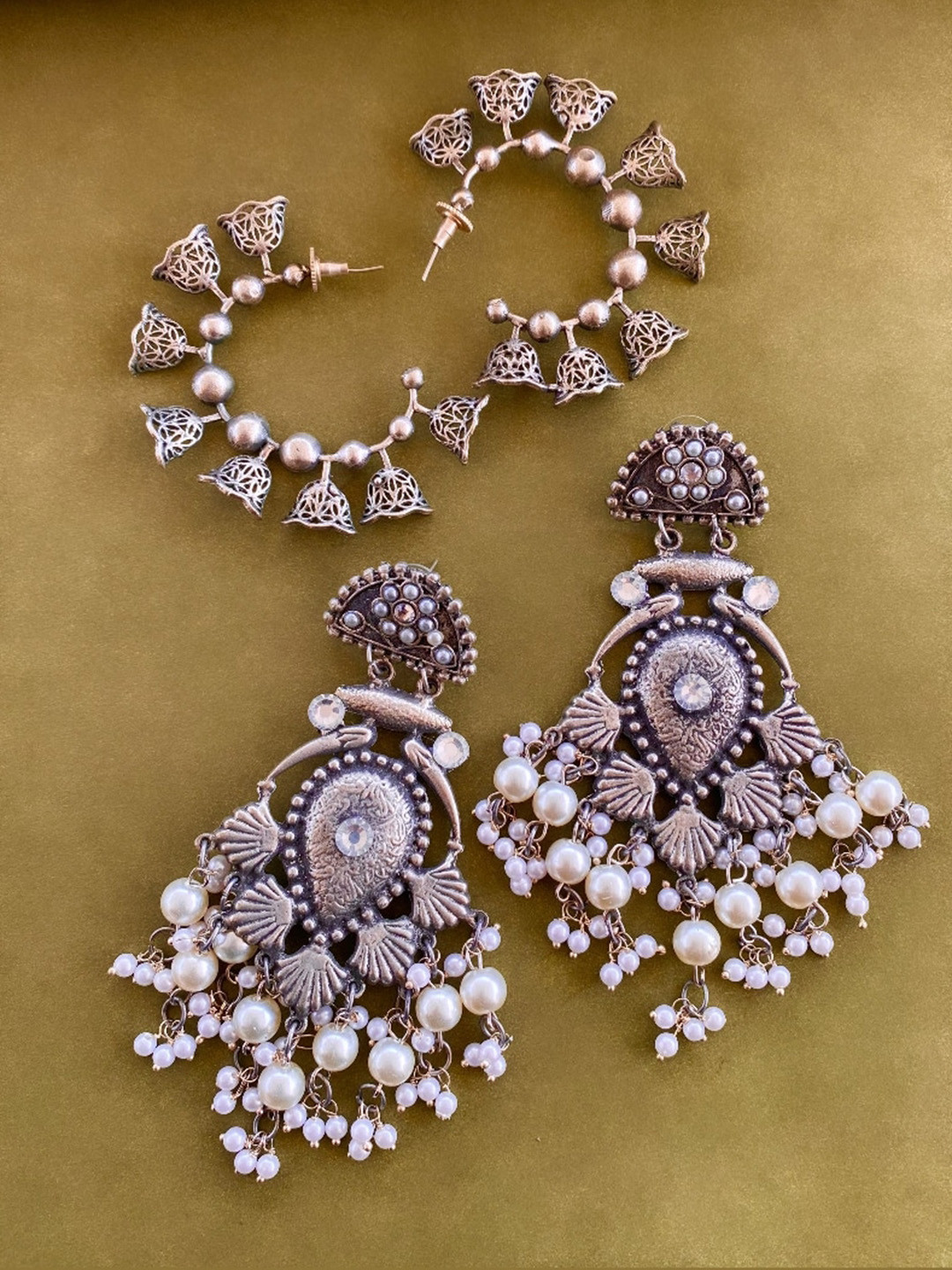 ATIBELLE Set Of 2 German Silver Plated Beaded Stone Studded Classic Drop & Hoop Earrings