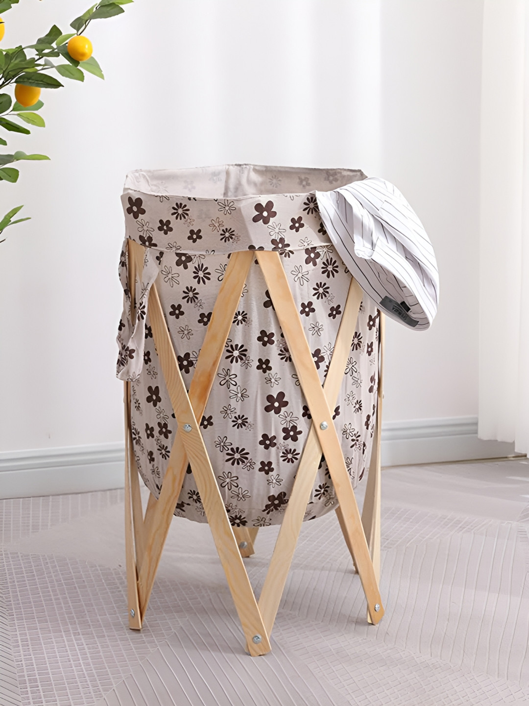 Kuber Industries Beige Printed Foldable Laundry Basket With Stand