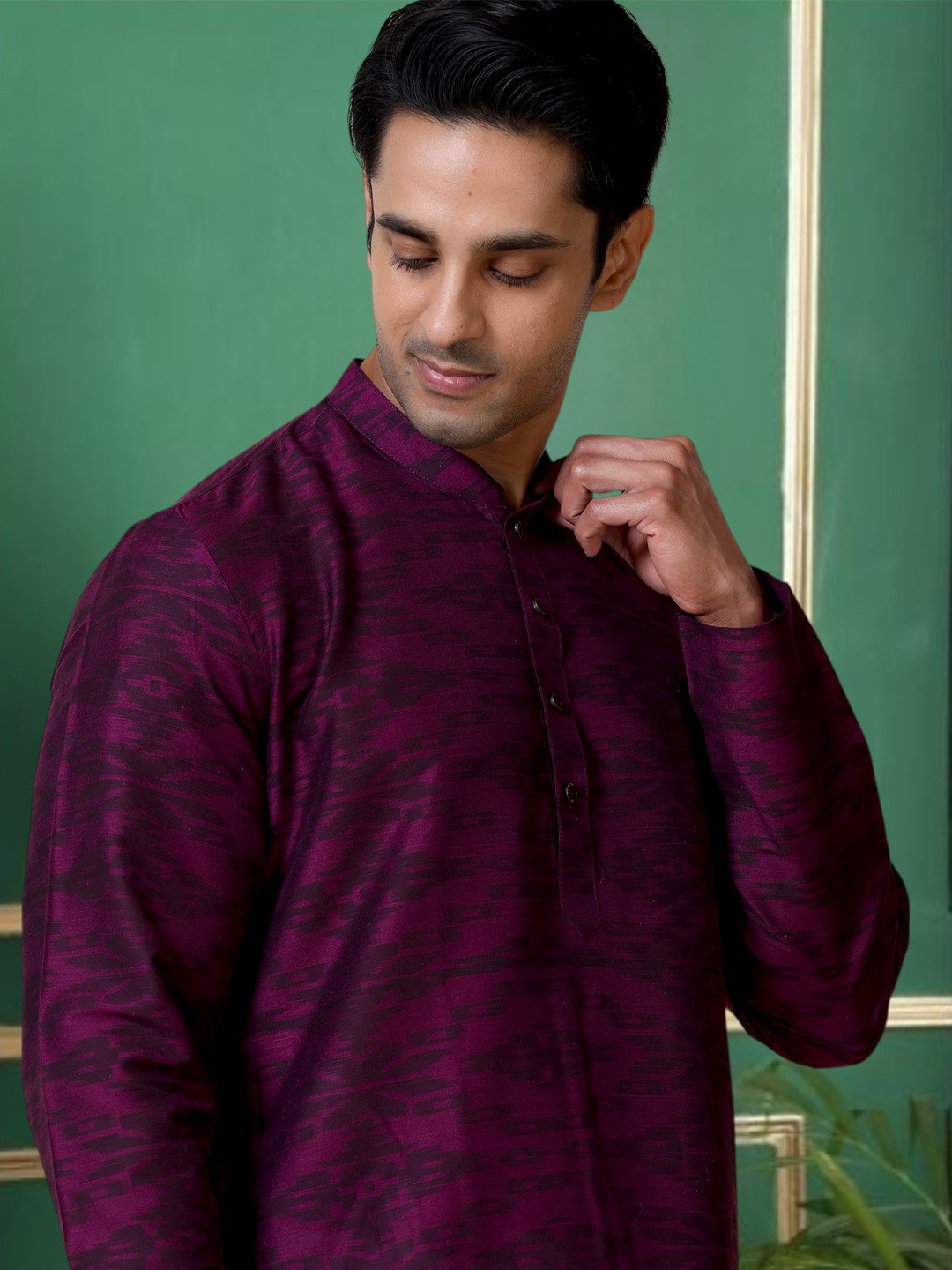 TATTVA Thread Work Band Collar Straight Kurta