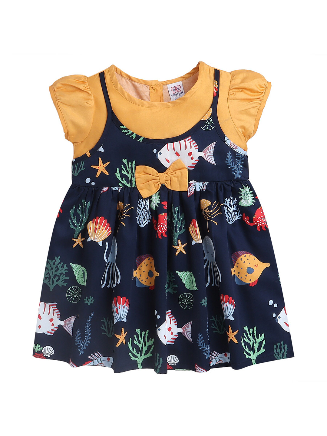 mama & bebe Girls Conversational Printed Puff Sleeve Bow Pure Cotton Fit & Flare Dress
