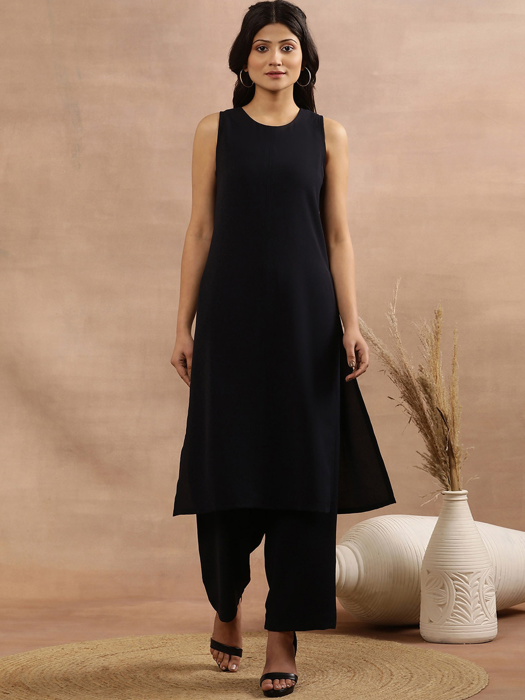 W Navy blue Round Neck A-Line Kurta with Trousers
