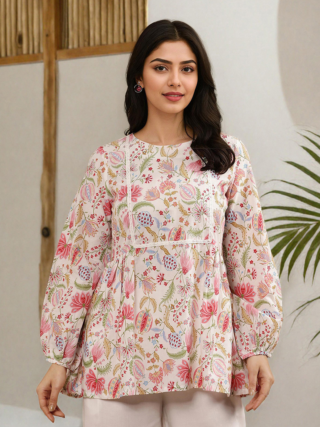 W Woman White Floral Printed Pure Cotton Top And Parallel Pant