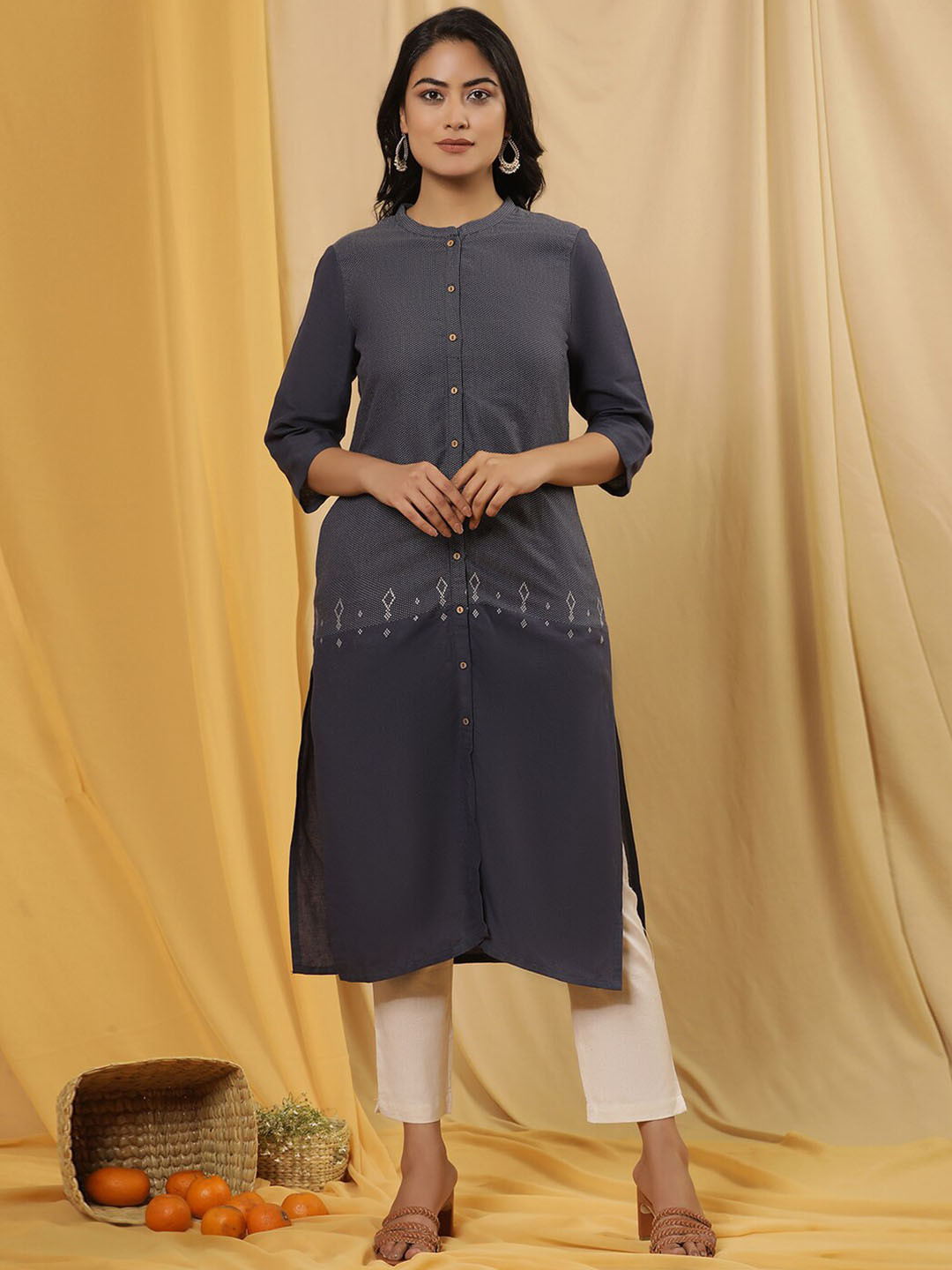 W Navy Blue Geometric Printed Mandarin Collar Straight Kurta with Trousers