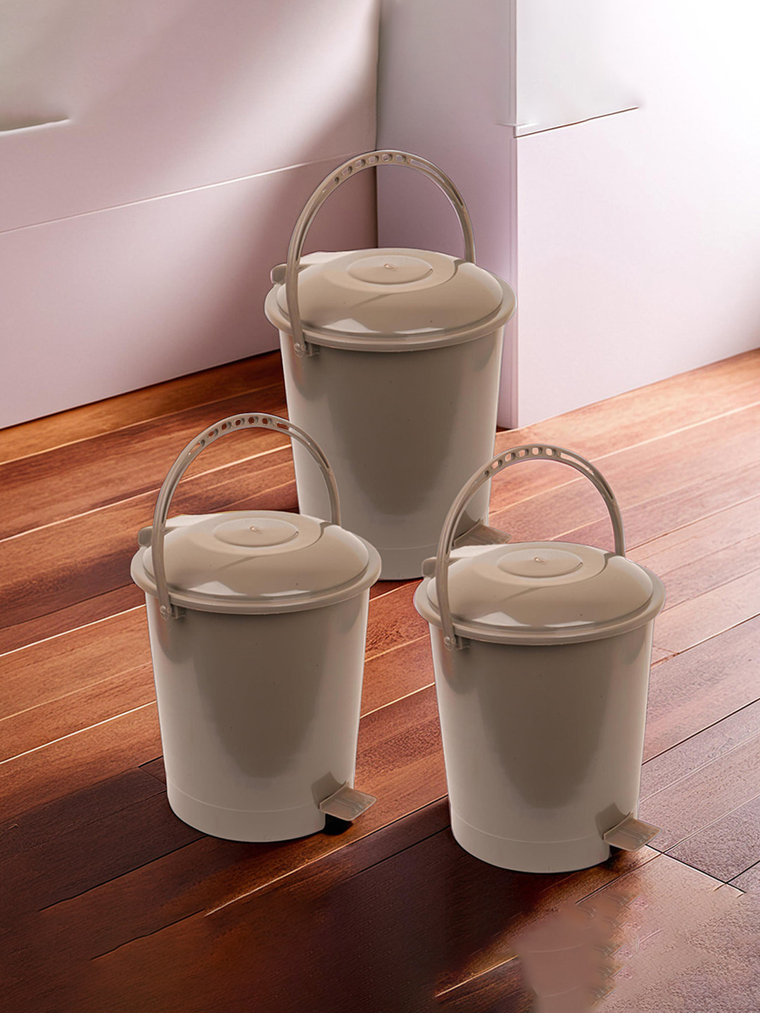Kuber Industries Brown 3-Pcs Swinging Lid Wet & Dry Dustbin 10 LTR