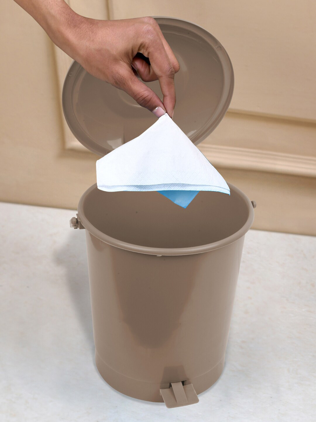 Kuber Industries Grey & Brown 3 Pcs Swinging Lid Wet & Dry Dustbin 10 L