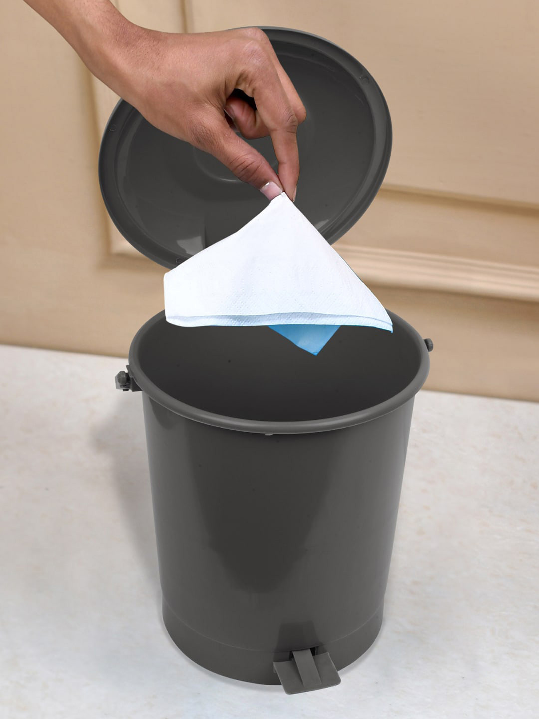 Kuber Industries Beige & Grey 3-Pcs Swinging Lid Wet & Dry Dustbins