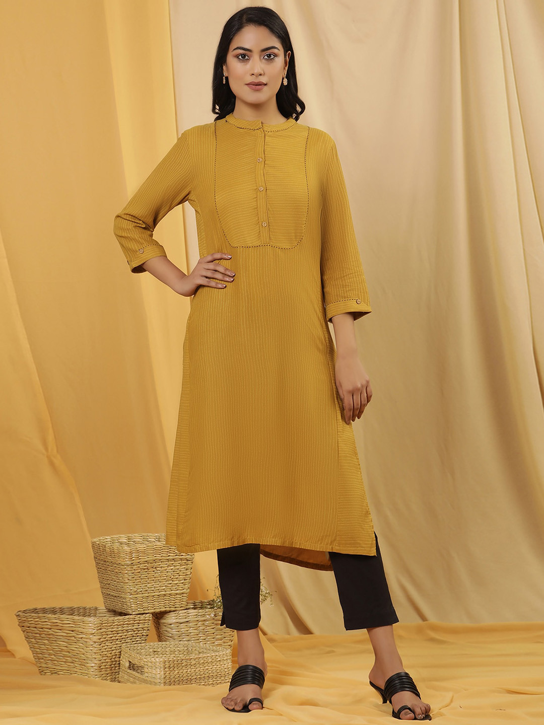 W Yellow Striped Mandarin Collar Straight Kurta with Trousers